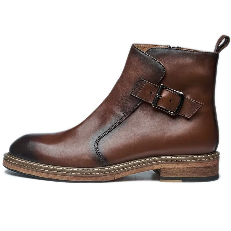 Handcrafted Genuine Leather Ankle Boots with Buckle Strap & Zipper