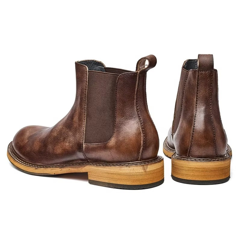 Men’s Rustic Leather Chelsea Boots, Handmade Genuine Leather Slip-on Boots