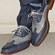 Men Two Tone Wing Tip Brogue Formal Shoes Blue and Gray Dress Shoes