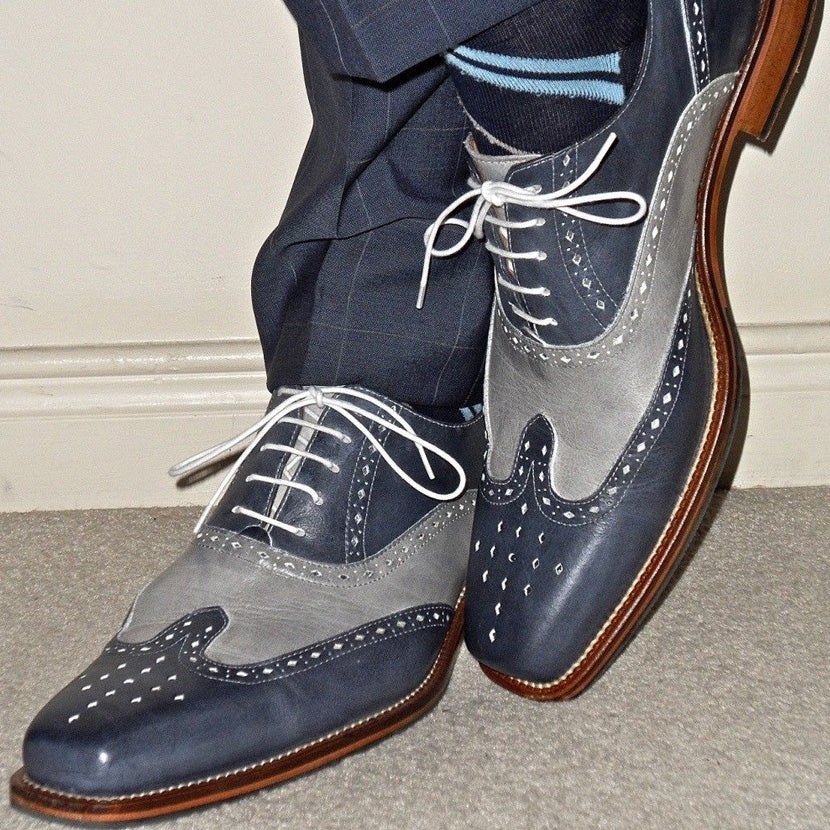 Men Two Tone Wing Tip Brogue Formal Shoes Blue and Gray Dress Shoes