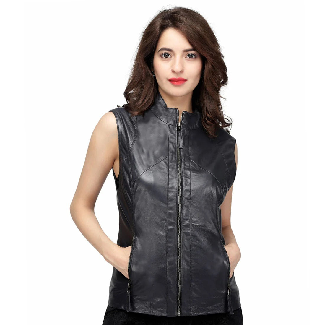 Women's Sleeveless  Leather Biker Vest- Motor Half Jacket
