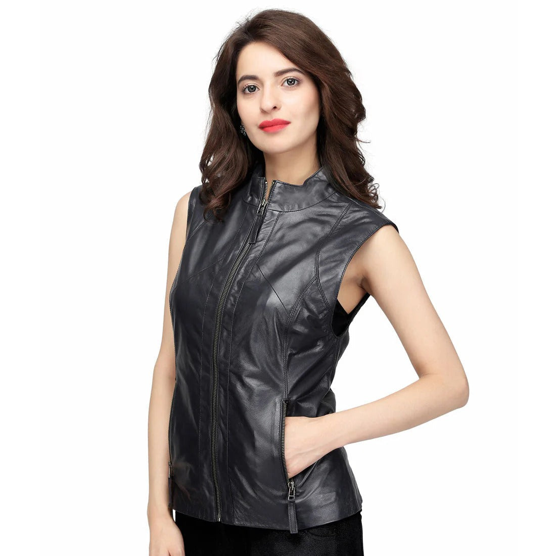 Women's Sleeveless  Leather Biker Vest- Motor Half Jacket