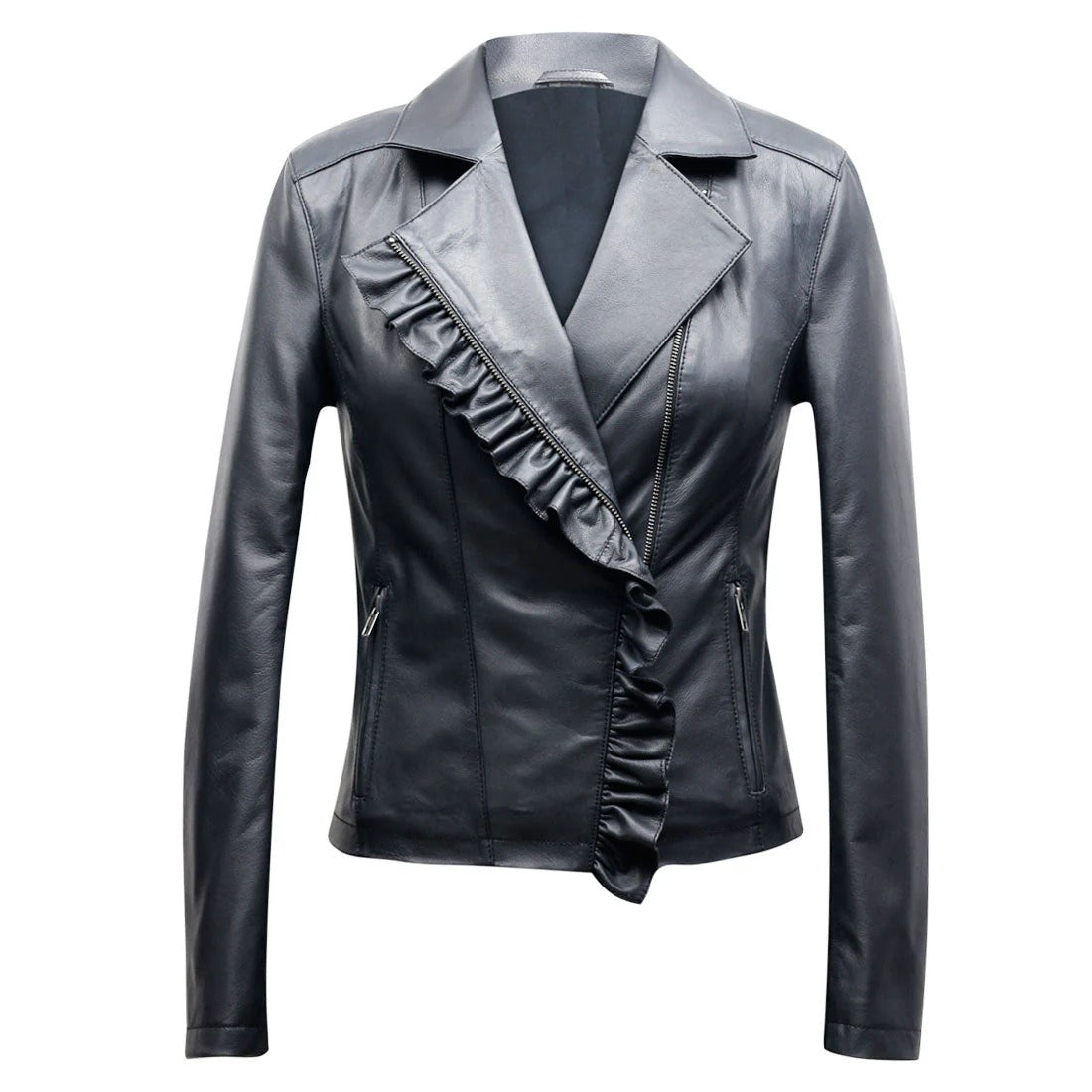 Women's Slim Fit Leather Biker Jacket with Frill Detail