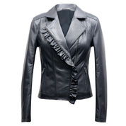 Women's Slim Fit Leather Biker Jacket with Frill Detail