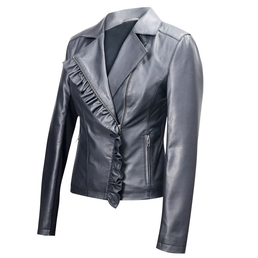Women's Slim Fit Leather Biker Jacket with Frill Detail