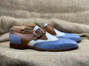 Handmade Men Three Tone Wing Tip Brogue Shoes, Designer Formal Shoes