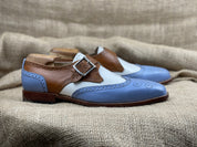 Handmade Men Three Tone Wing Tip Brogue Shoes, Designer Formal Shoes