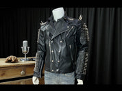 Handmade Punk Men Silver Studded Long Spiked Jacket Leather Black Rock Style Jacket