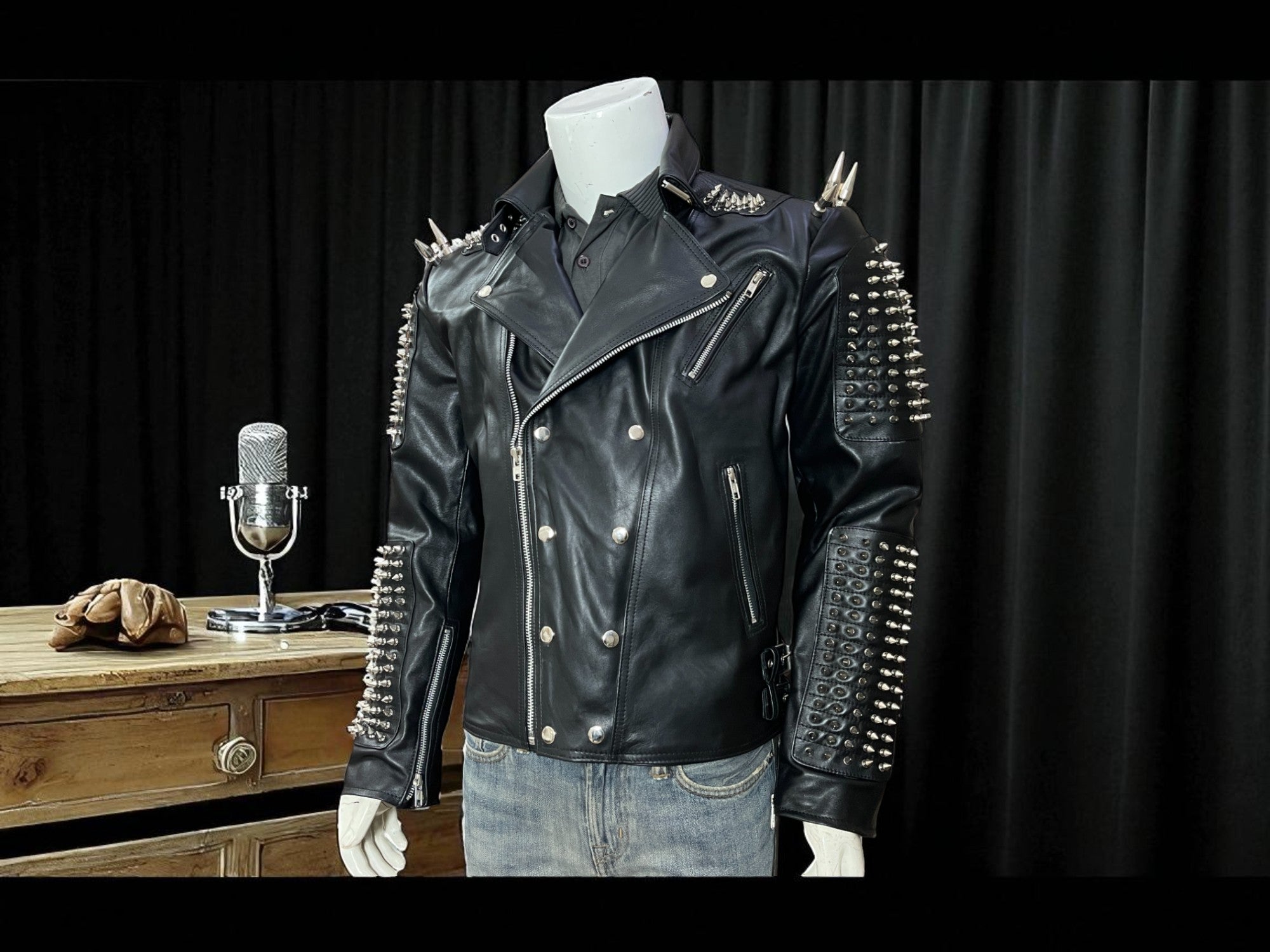 Handmade Punk Men Silver Studded Long Spiked Jacket Leather Black Rock Style Jacket