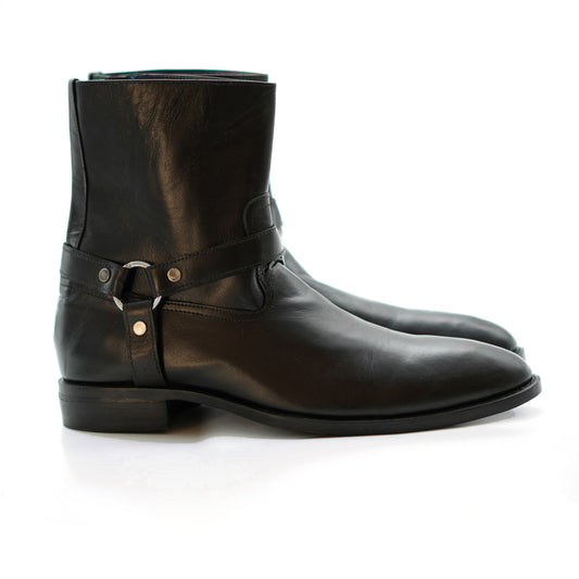 Black Leather Ankle Harness Boots for Men with Side Zipper