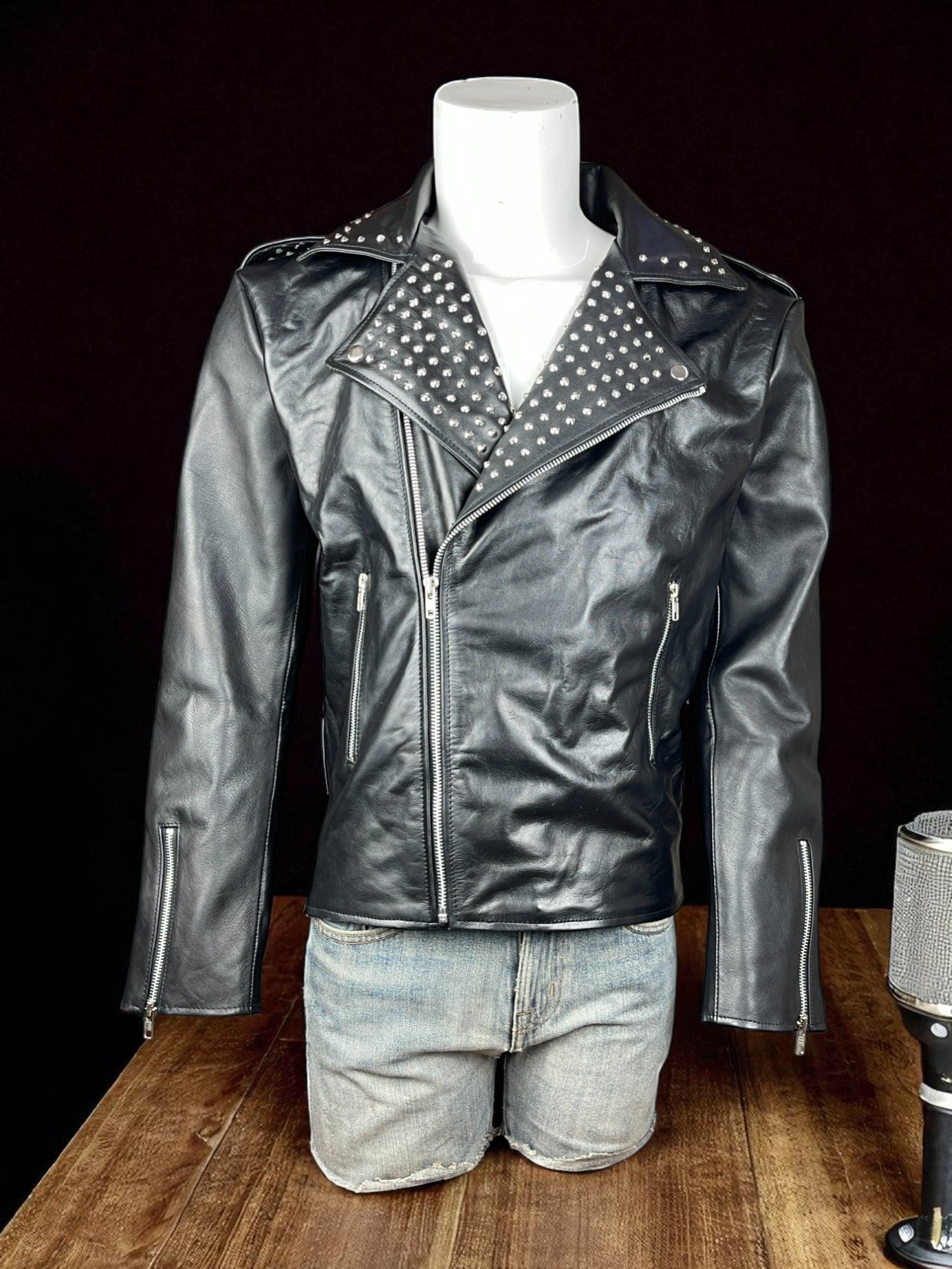 Handmade Fashion Leather Silver Studded Real Soft Leather Biker Style Jacket for Men