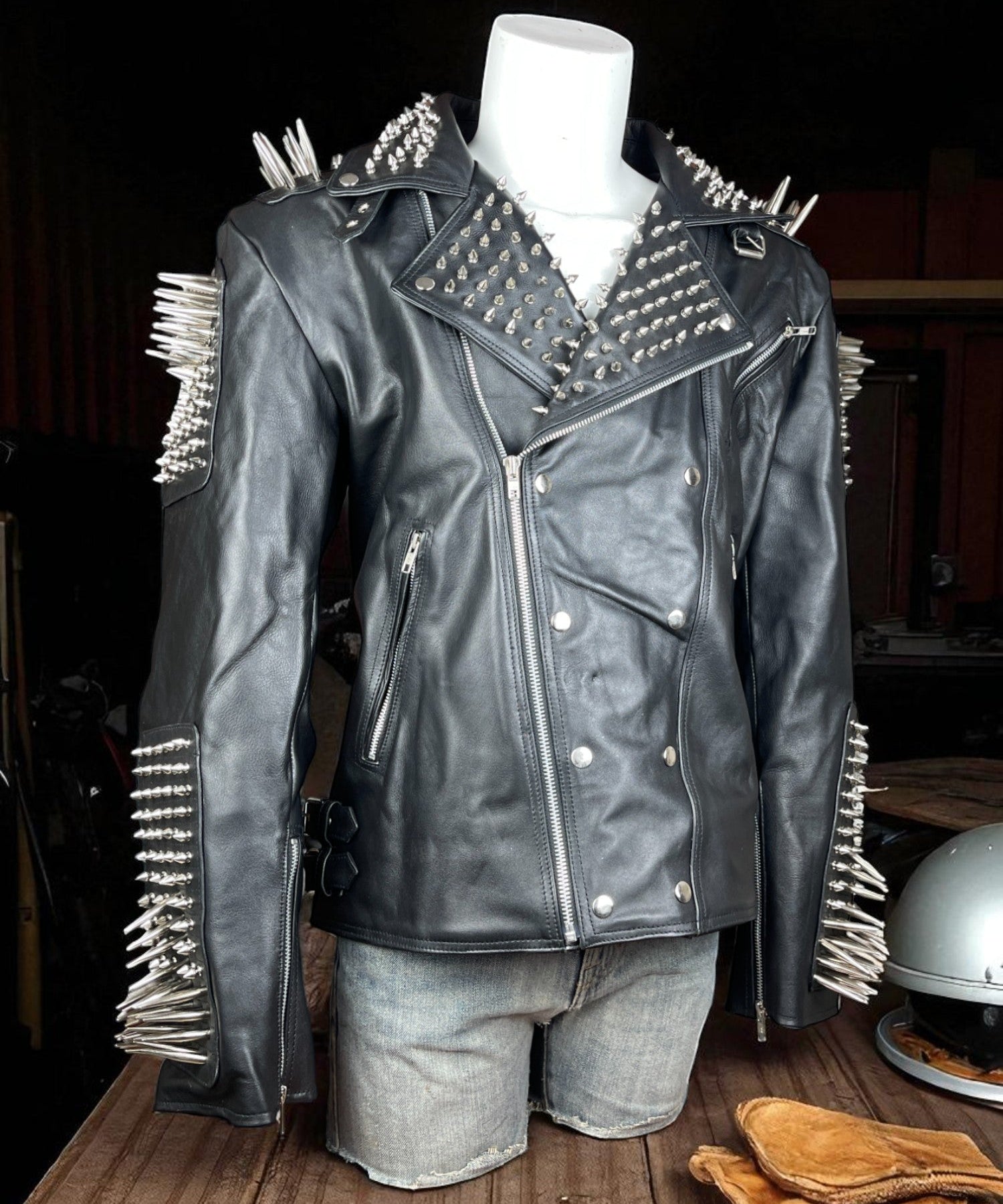 Handmade Punk Men Black Multi Studded with Long Spike Style Biker Jacket