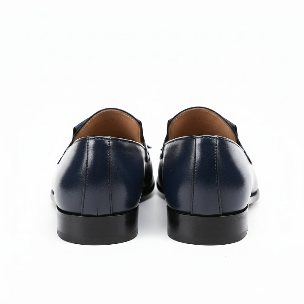 Blue Leather Moccasin Loafers with Fringes - back-view