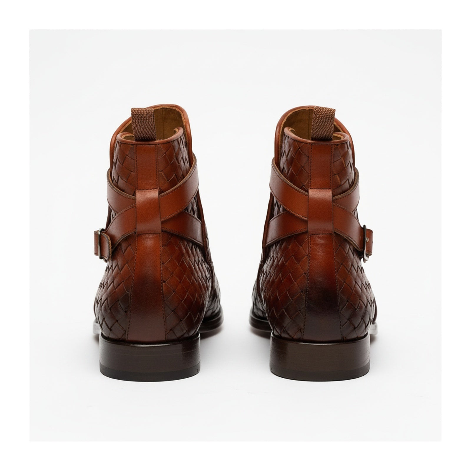 back-view - Brown Leather Ankle Boots with Chitai Mat Pattern