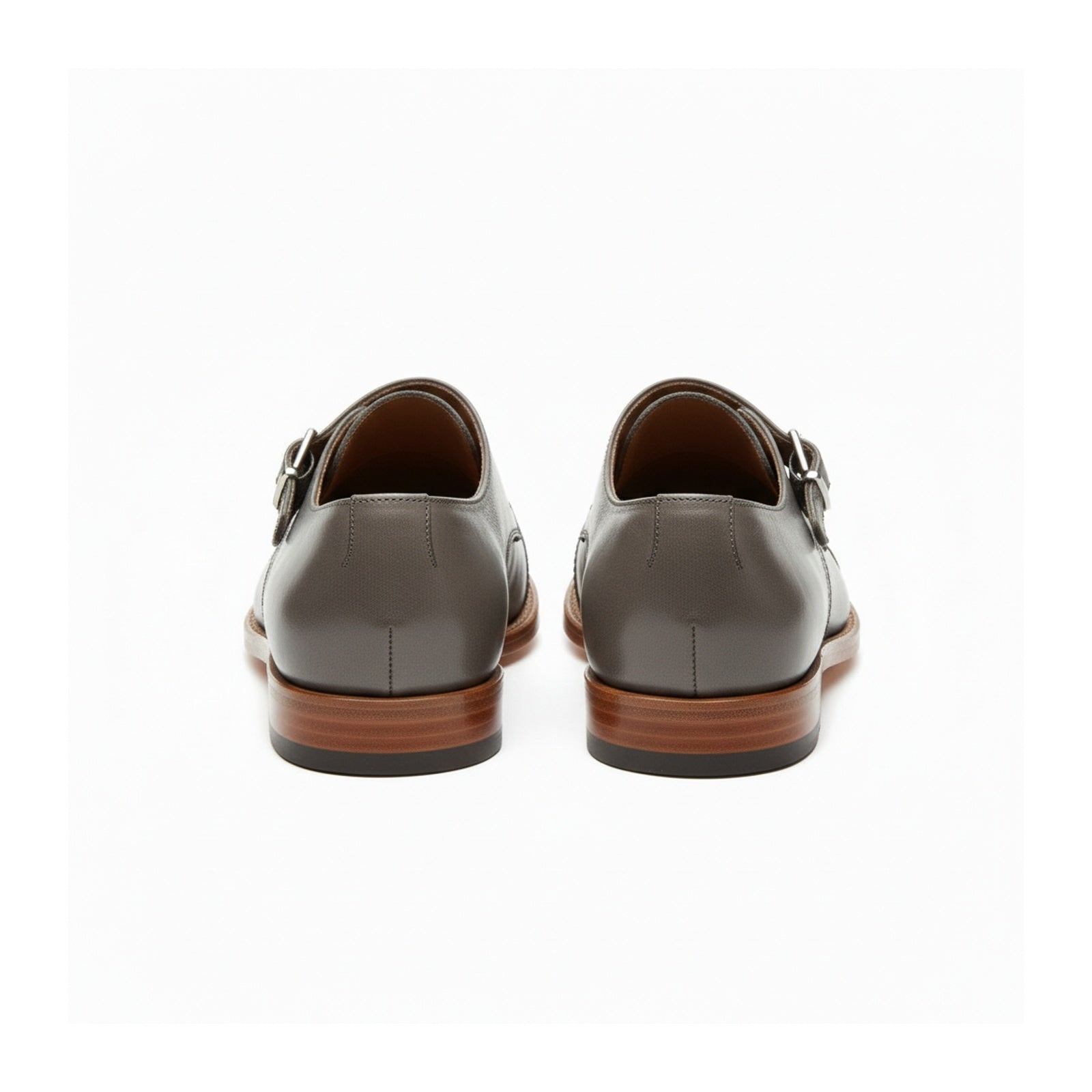 back-view - Gray Leather Oxford Double Monk Strap Shoes with Brogue Toe Cap