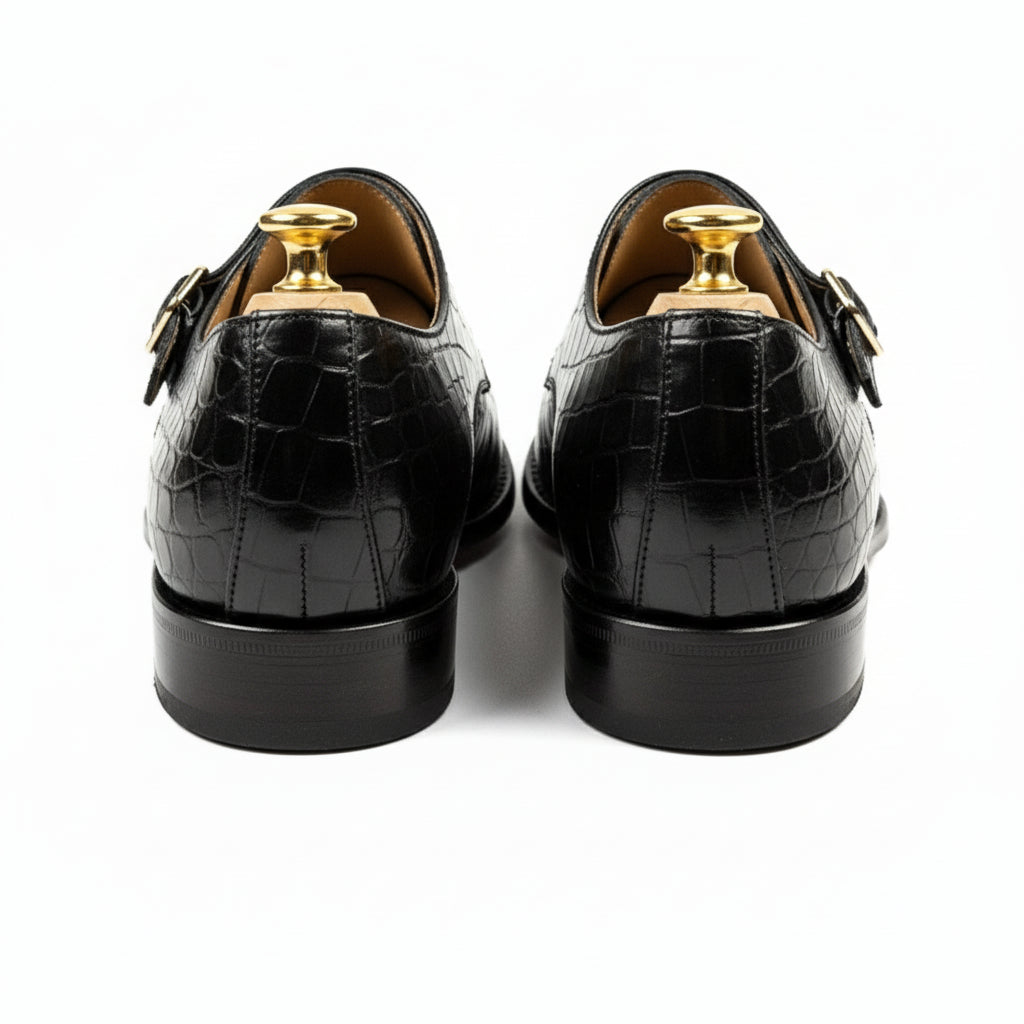 Men's Black Crocodile Leather Double Monk Dress Shoes - back-view