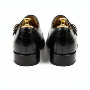 Men's Black Crocodile Leather Double Monk Dress Shoes - back-view