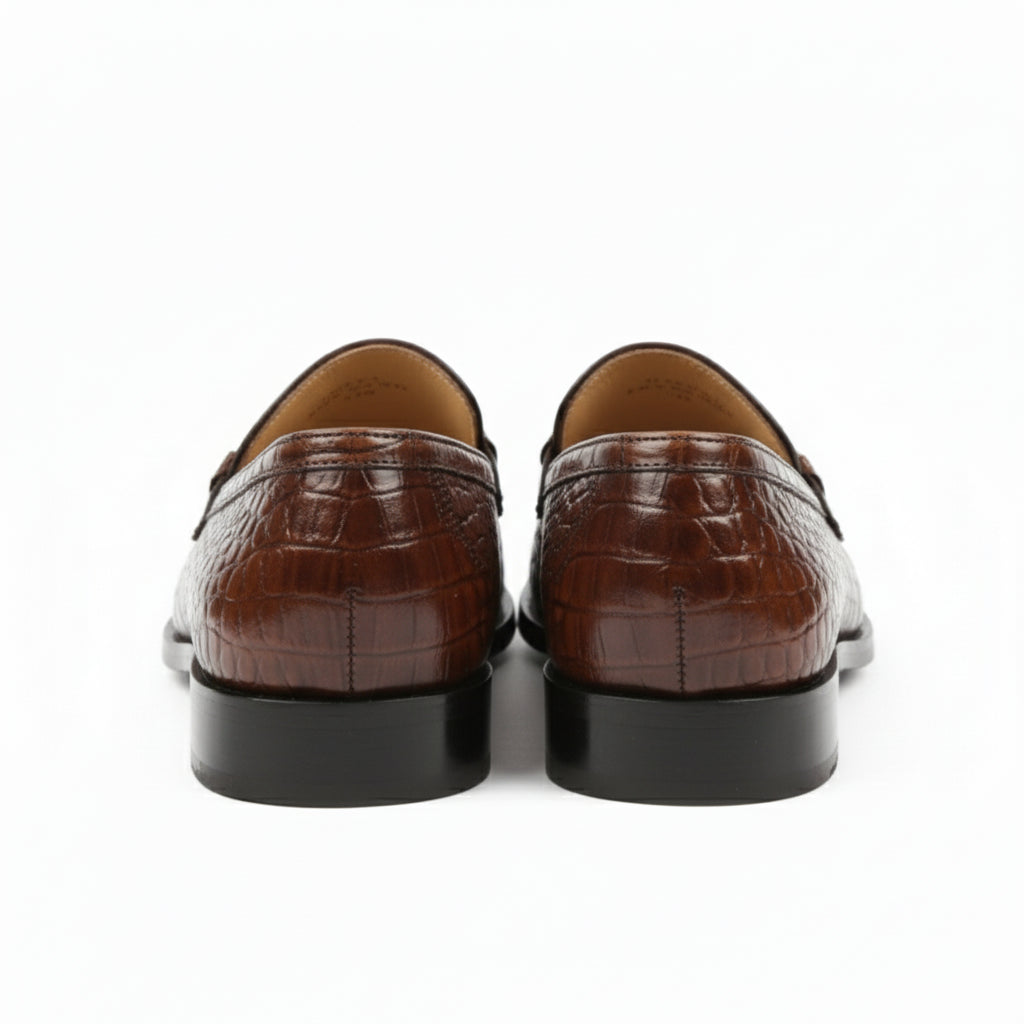 Brown Alligator Texture Moccasin Leather Shoes - back-view