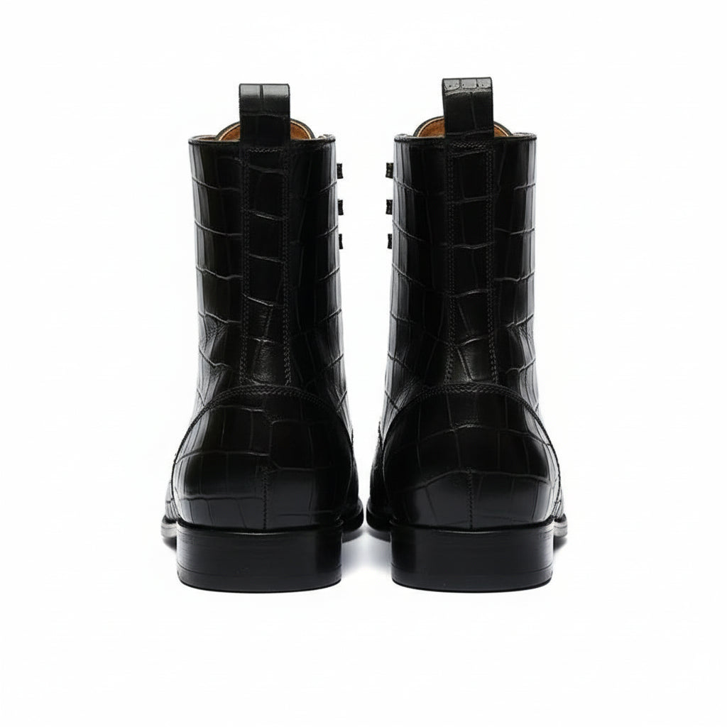 Men's Black Crocodile Leather Lace-Up Boots - back-view