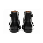 Men's Handmade Black Leather Double Monk Ankle Boots with Side Zipper - back-view