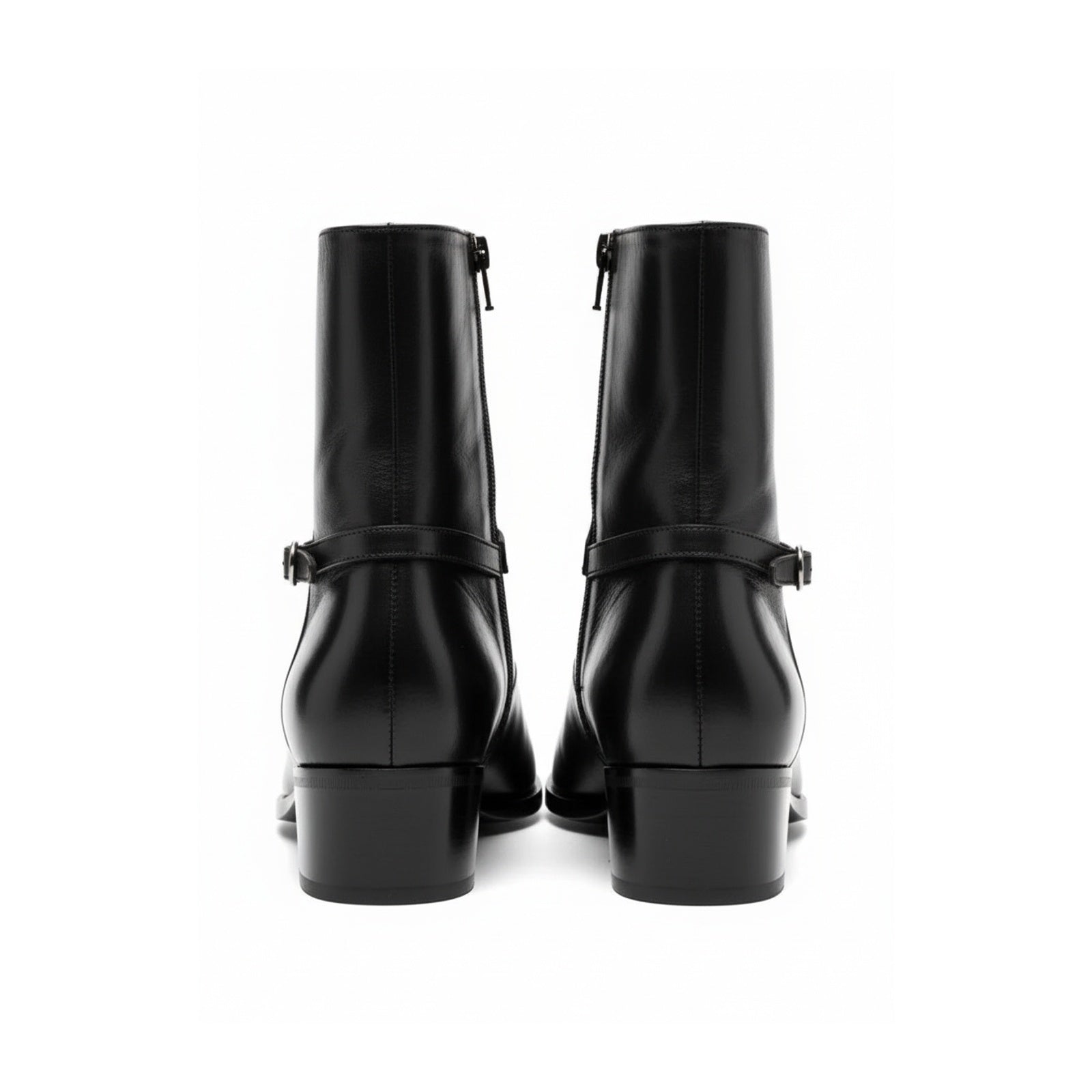 Men's Black Leather High-Heel Zipper Boots - back-view