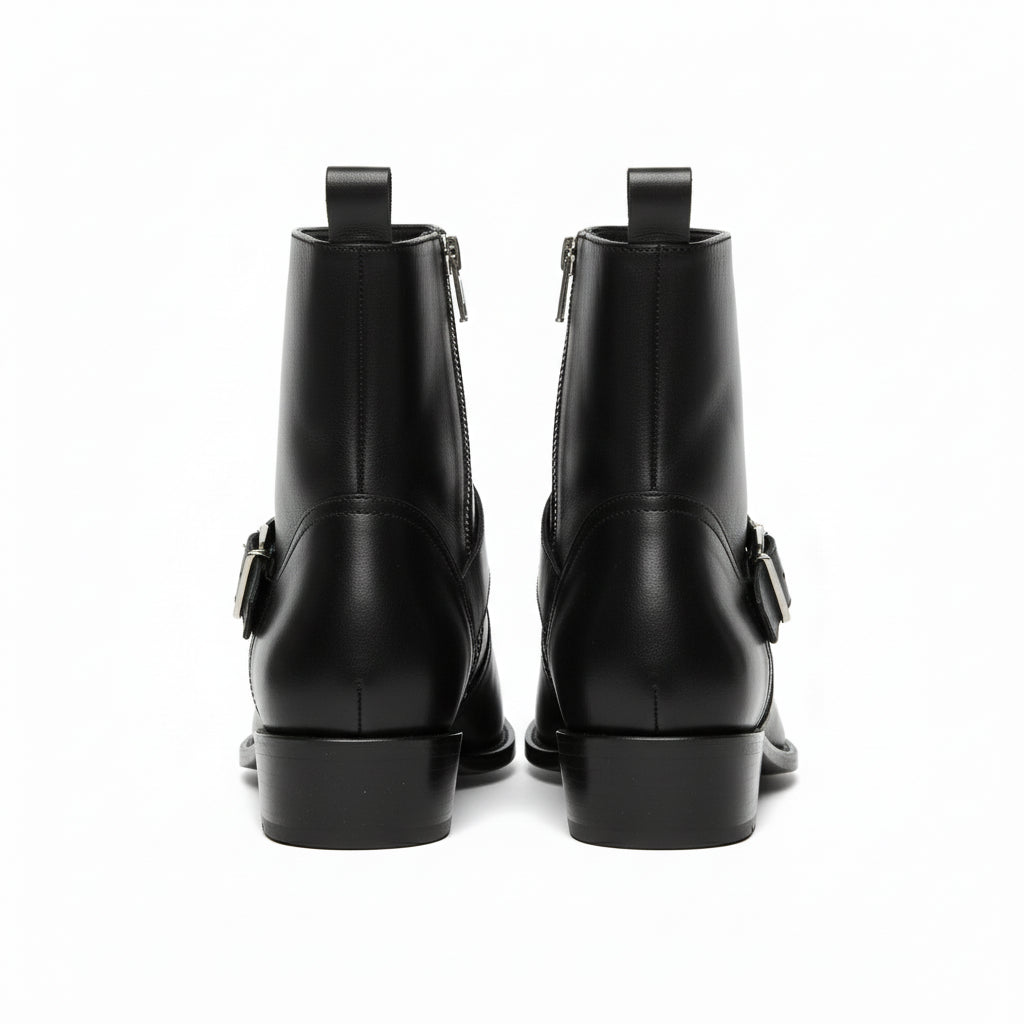 Men's Handmade Black Leather Boots with Side Zipper & Monk Strap - back-view