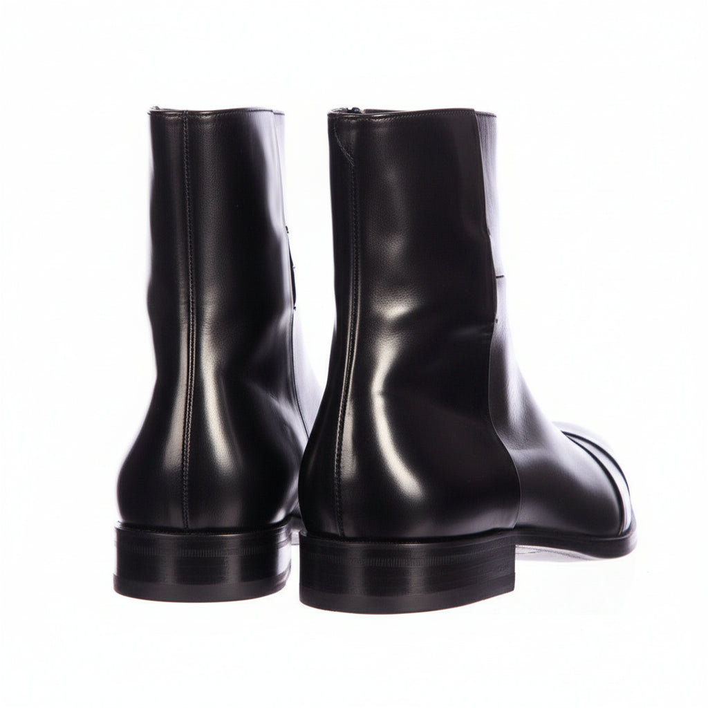 Men's Handmade Black Leather Side Zipper Boots with Ankle Design - back-view