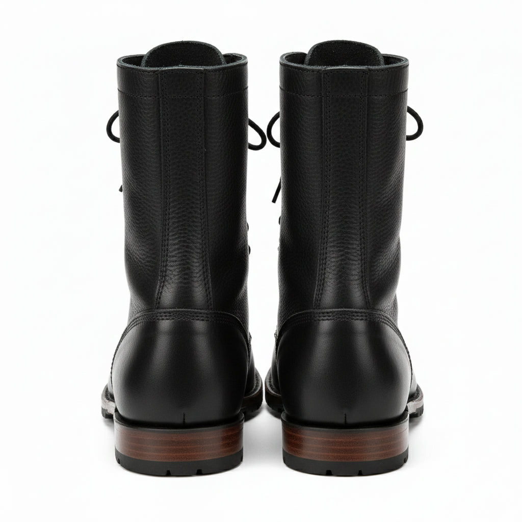Men's Black Punk Combat Leather Boots - back-view