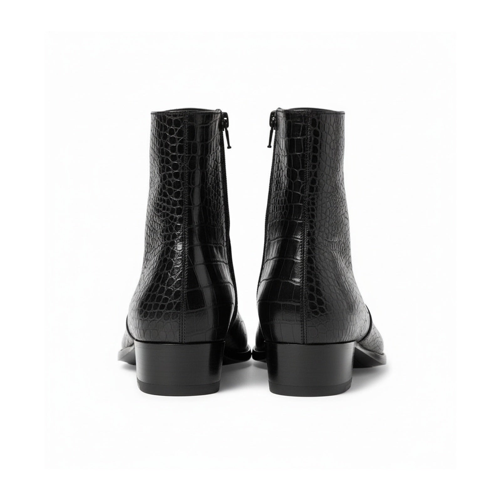 Men's Black Crocodile Zipper Leather Boots - back-view