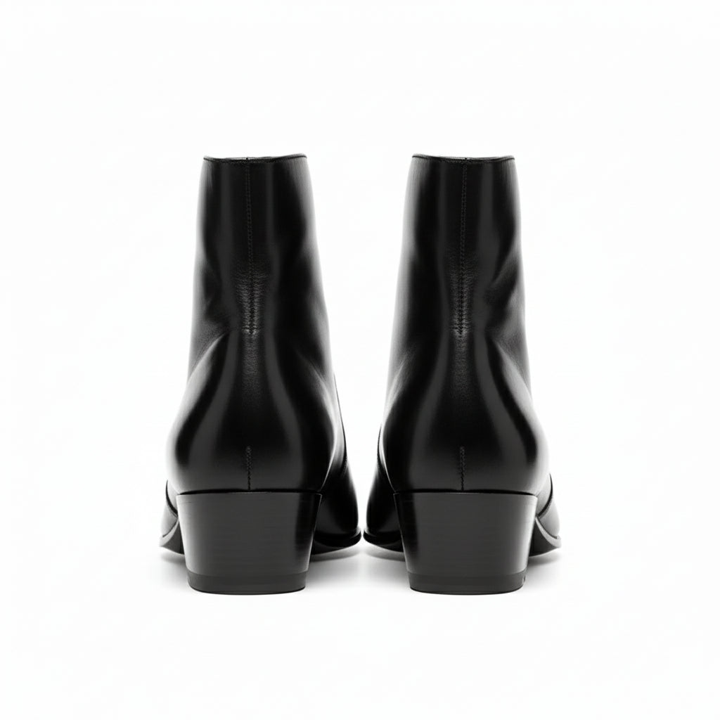 Men's Black Leather High Heel Dress Boots - back-view
