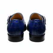 Handmade Mens Blue Crocodile Embossed Monk Shoes, Men Blue Dress Shoes - back-view