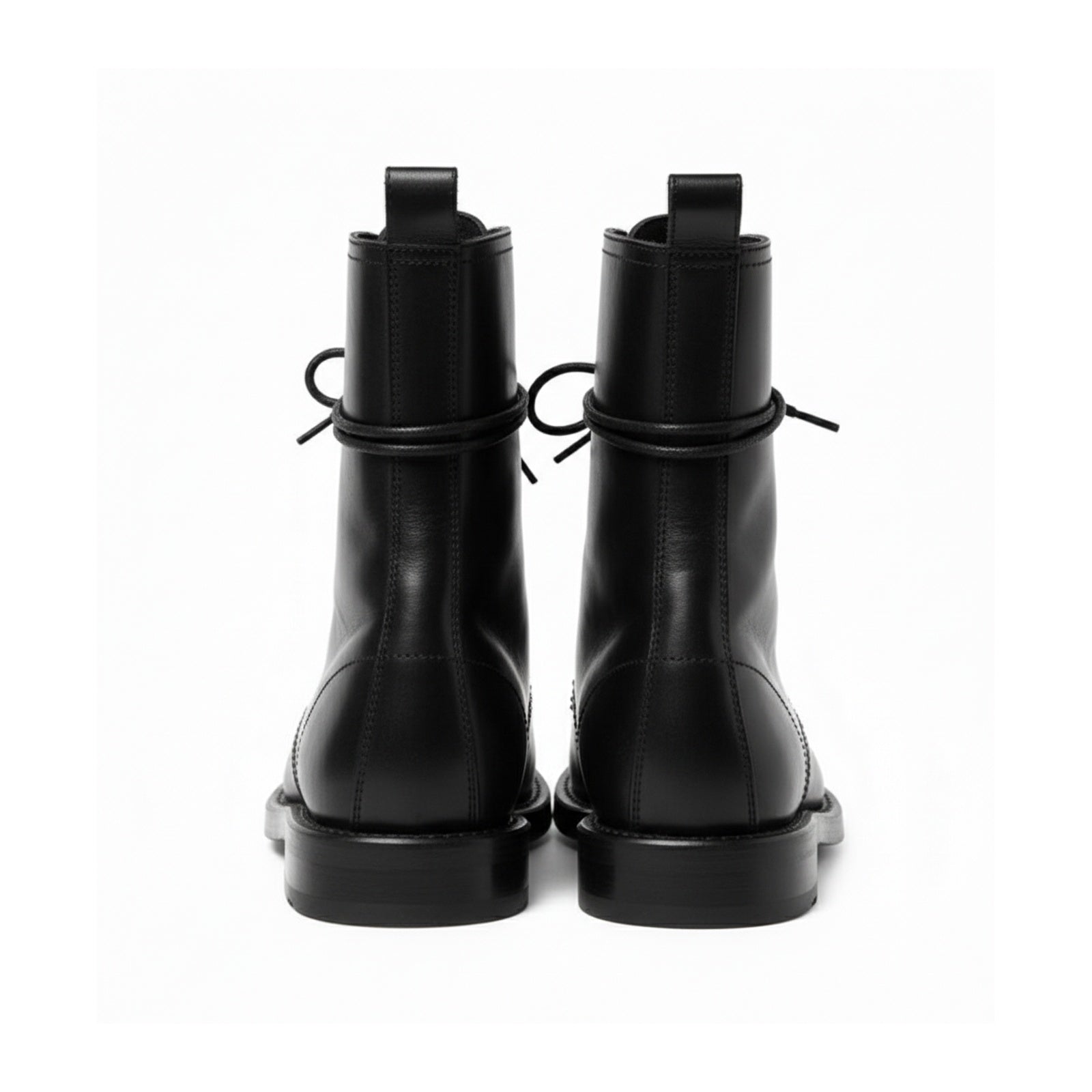 Men's Black Genuine Leather Lace-Up Combat Boots - back