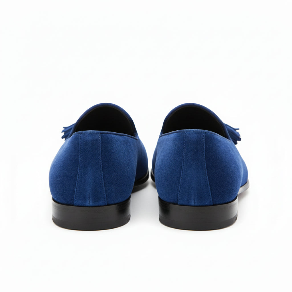 Handmade Mens Royal Blue Tassels Loafer Velvet Shoes, Men Blue Velvet Shoes - back-view