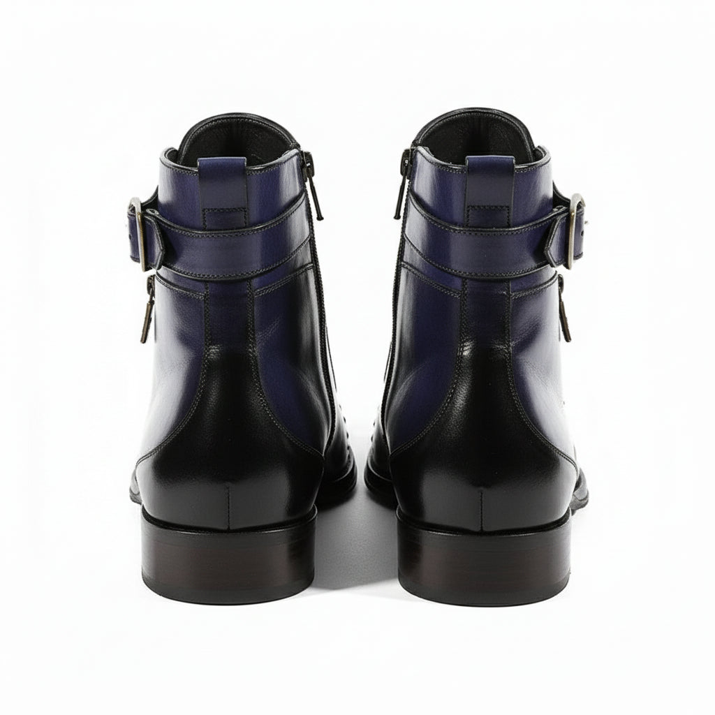 High Ankle Leather Boots with Blue Side Zipper - back-view