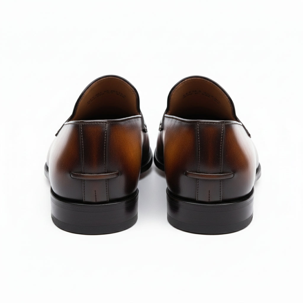 Men's Almond Toe Moccasin Dress Shoes in Tan and Black Leather - back-view
