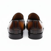 Men's Almond Toe Moccasin Dress Shoes in Tan and Black Leather - back-view