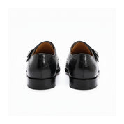 back-view - Men's Black Alligator Texture Monk Shoes with Buckle