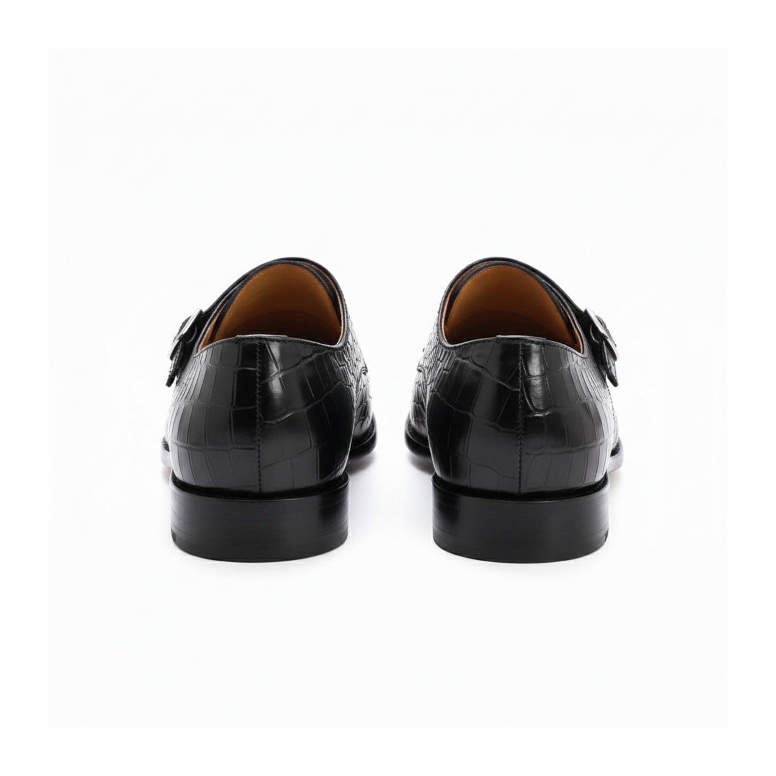 back-view - Men's Black Alligator Texture Monk Shoes with Buckle