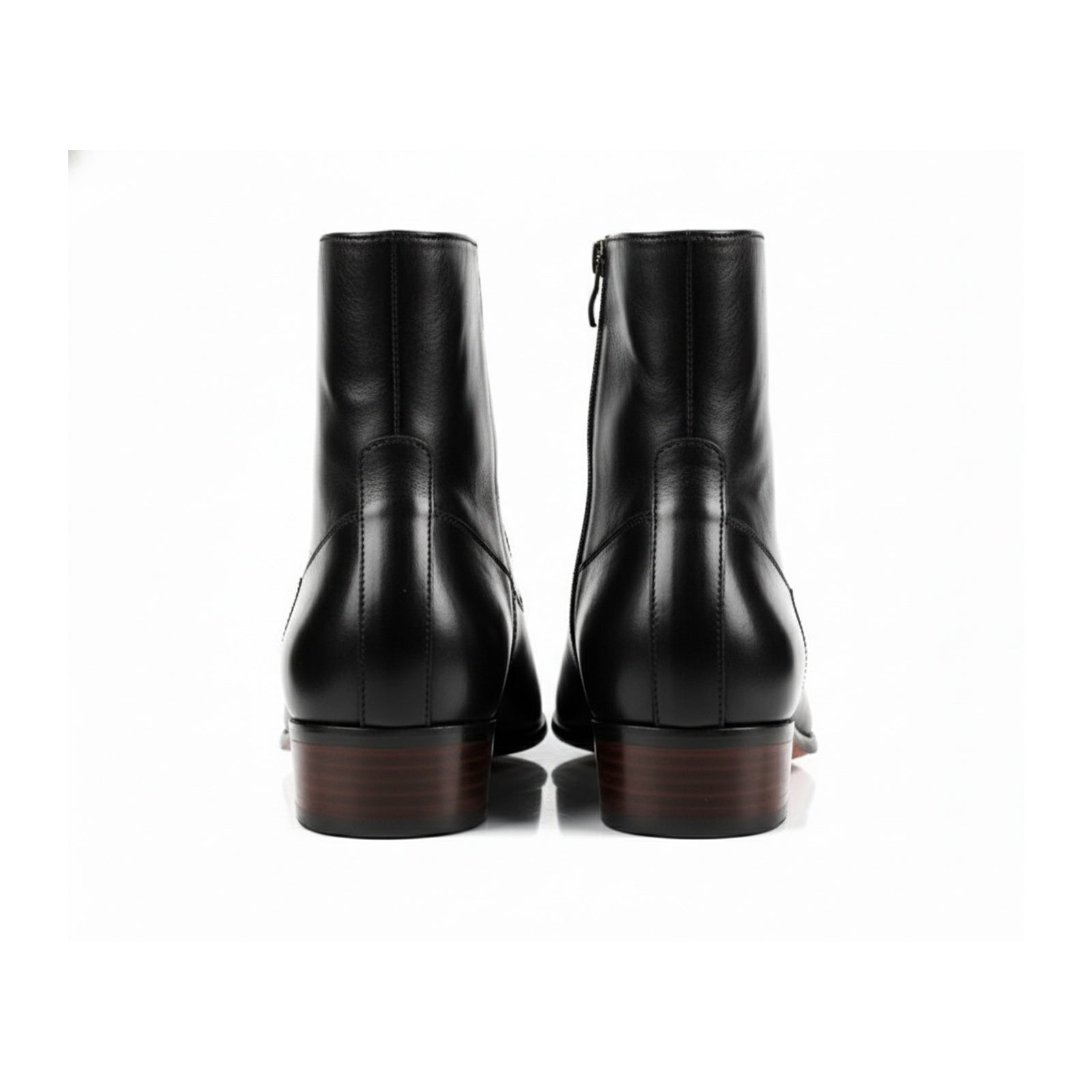 Men's Black Ankle Leather Boots with Side Zipper - back-view