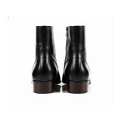Men's Black Ankle Leather Boots with Side Zipper - back-view