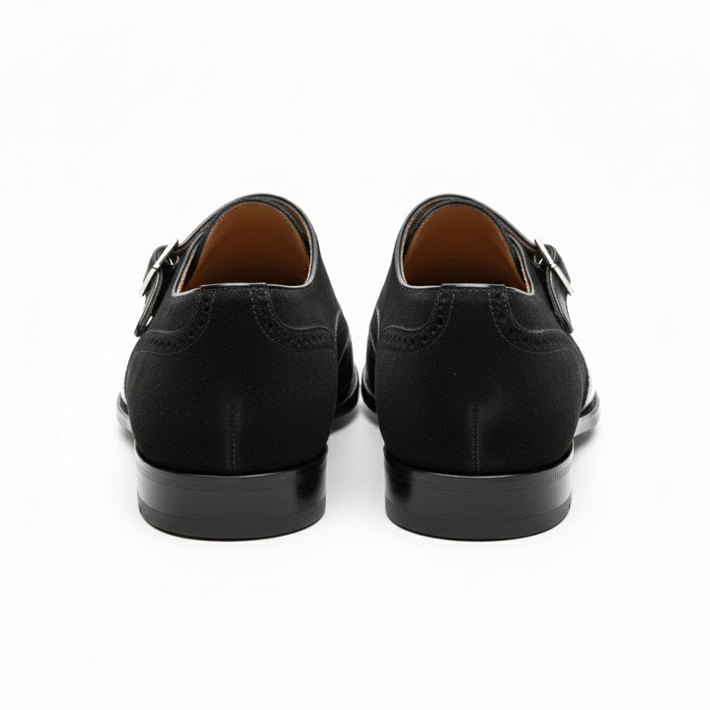 Men's Black Double-Buckle Monk Strap Leather and Suede Shoes - back-view