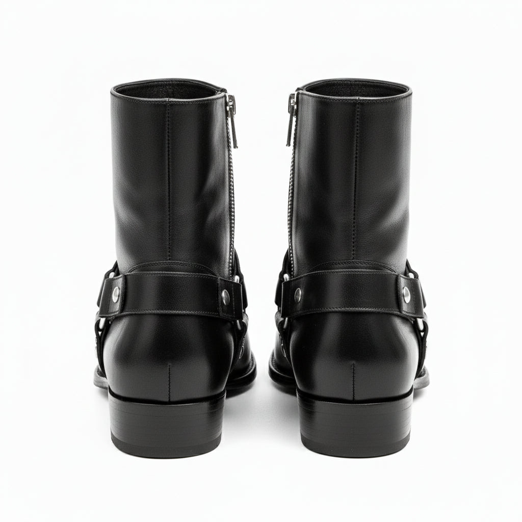 Men's Black Leather Ankle Boots with Side Zipper - back-view