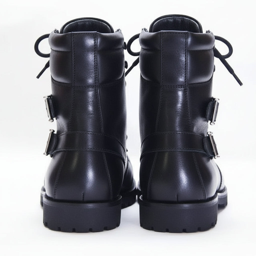 Men's Black Leather Biker Ankle Boots - back-view