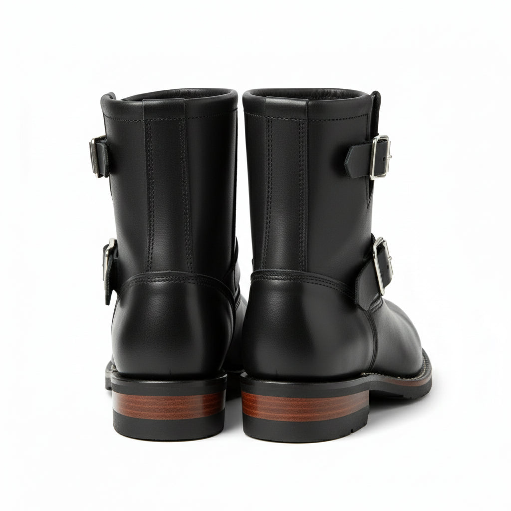 Men's Black Leather Biker Rider Boots - back-view