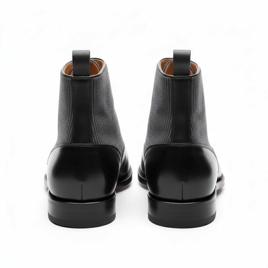 back-view - Men's Black Leather Button Boots with Two-Toned Design