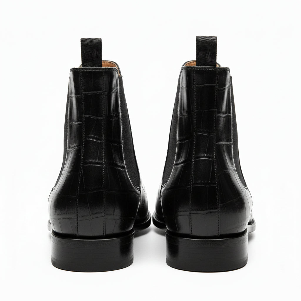 back-view - Men's Black Leather Chelsea Boots with Crocodile Print