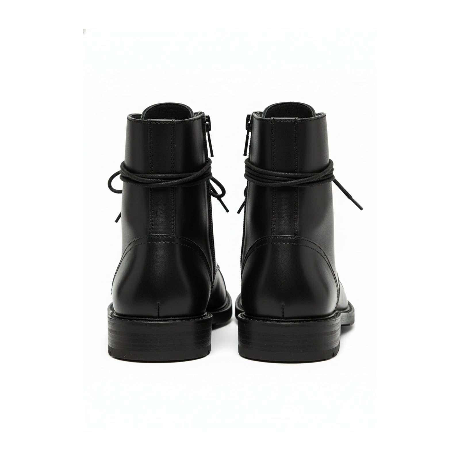 back-view - Men's Black Leather Combat Boots with Lace-Up Design