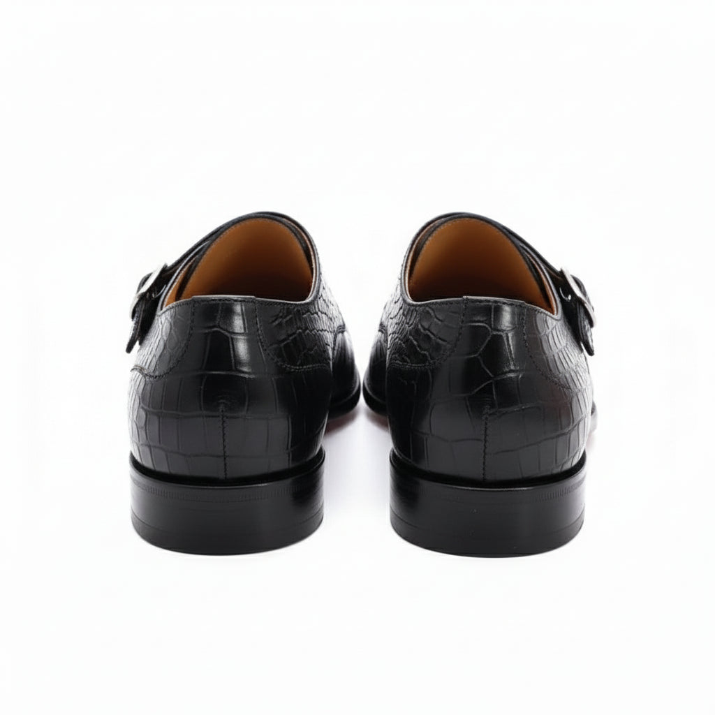 back-view - Men's Black Leather Double-Buckle Monk Shoes with Crocodile Pattern