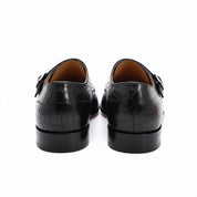 back-view - Men's Black Leather Double-Buckle Monk Shoes with Crocodile Pattern