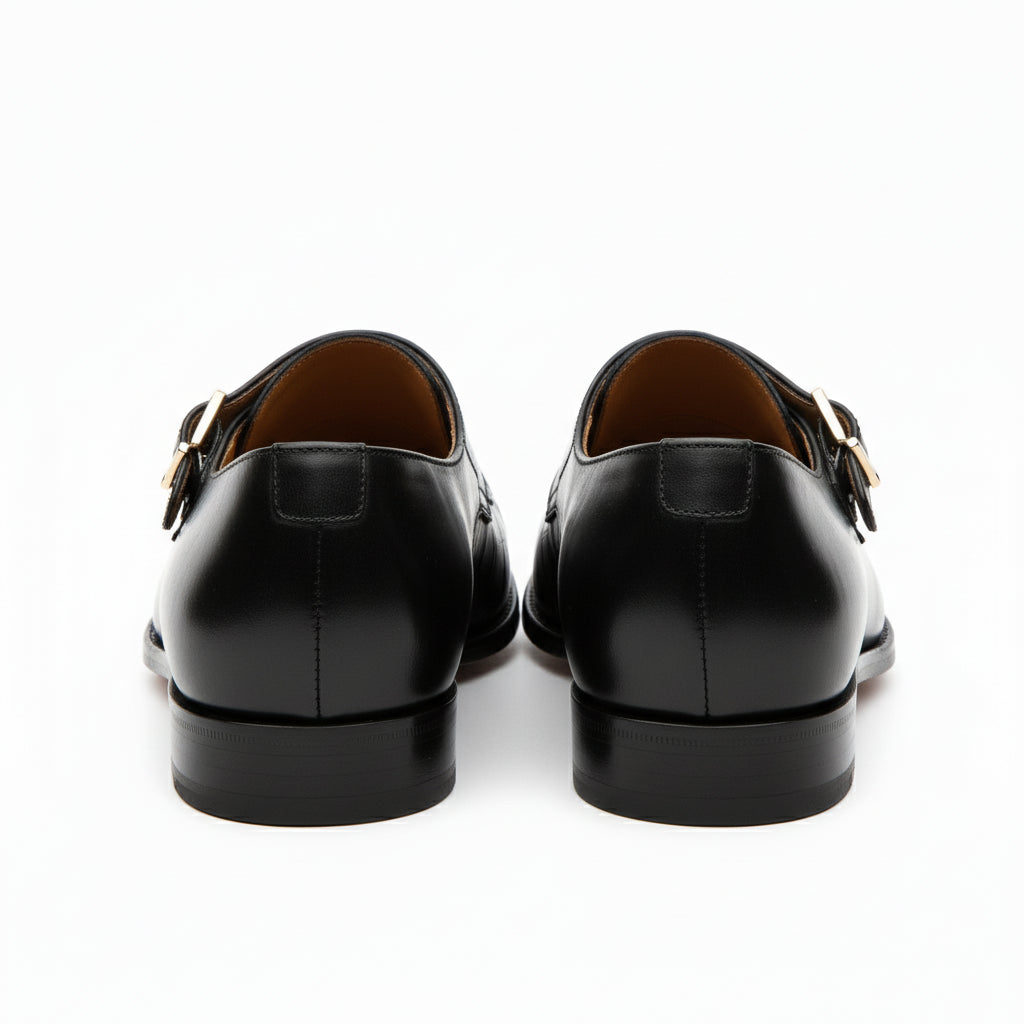back-view - Men's Black Leather Double Monk Moccasin Shoes